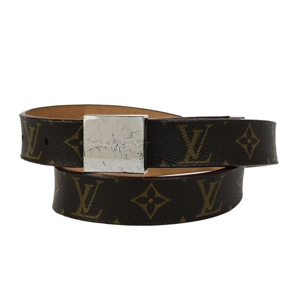 LOUIS VUITTON Ceinture Carre Belt Monogram Leather Brown Silver Spain - Picture 1 of 15